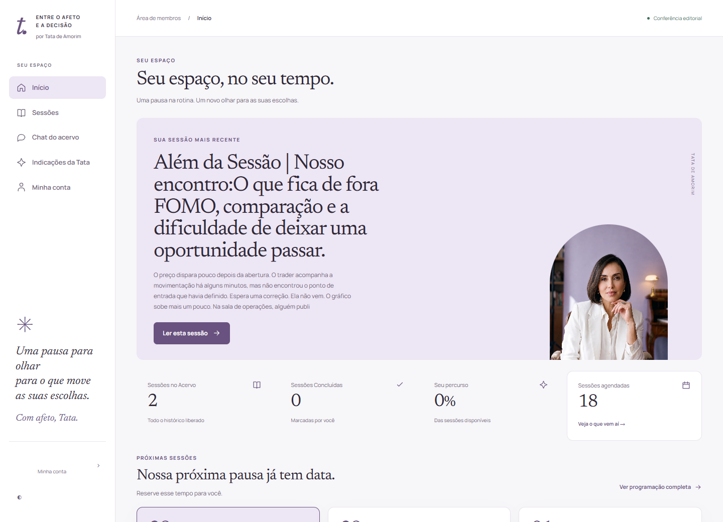 Início da área de membros com conteúdos disponíveis e próximas leituras